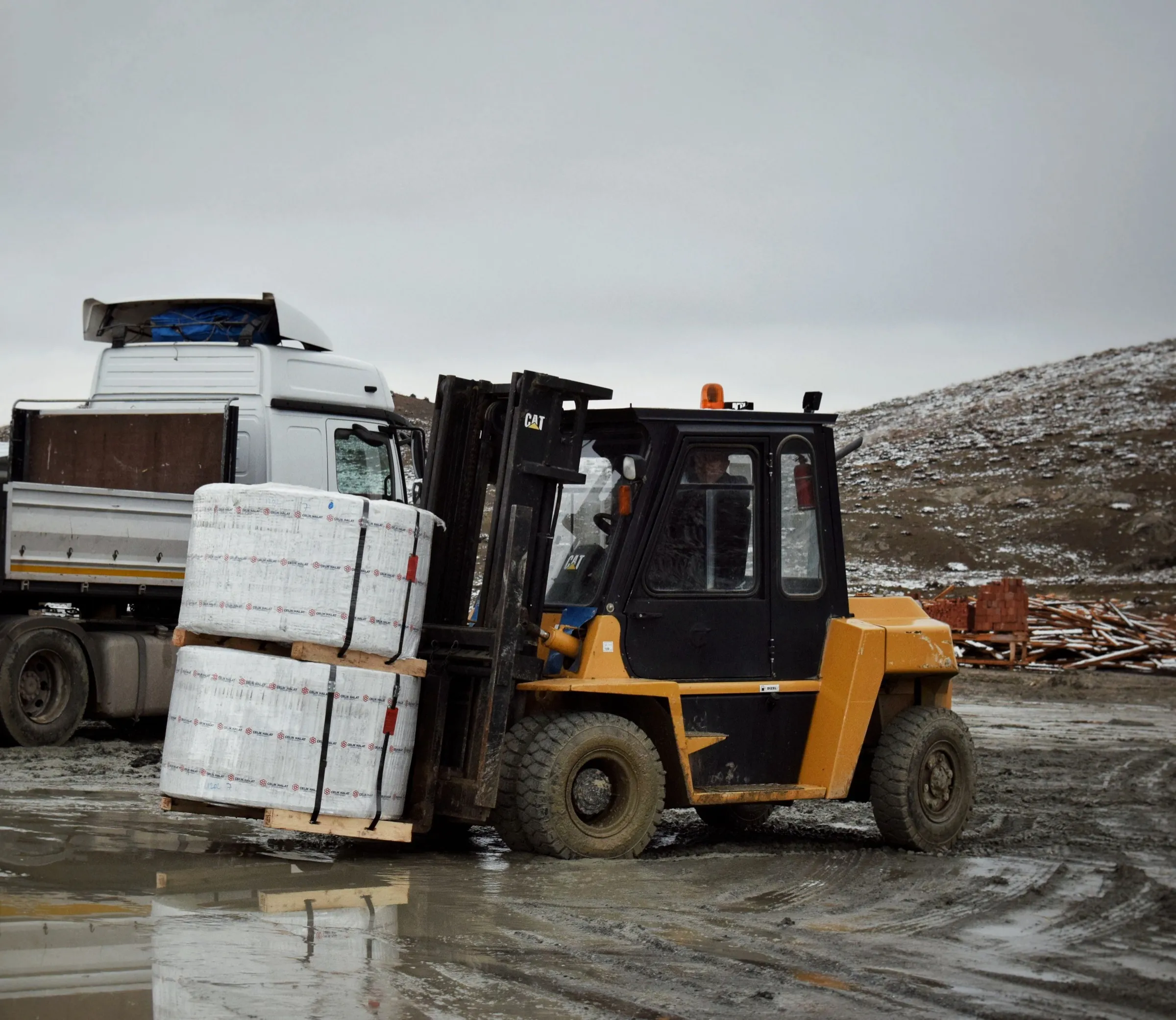 A forklift loading a wrapped and palletized shipment into a freight truck at a warehouse dock.