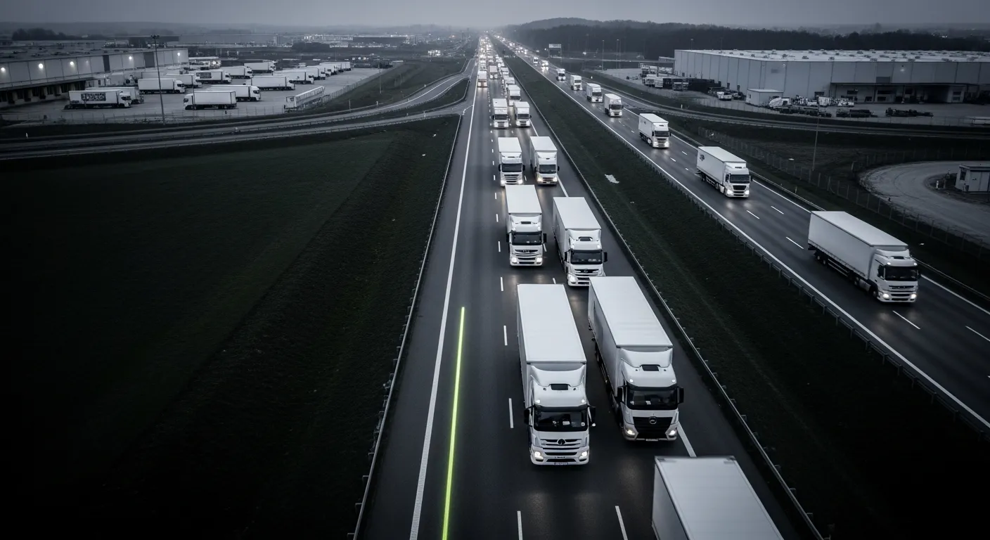 Aerial twilight view of a fleet of white freight trucks on a highway beside a logistics distribution yard, graphite-toned with a streak of lime signal light.