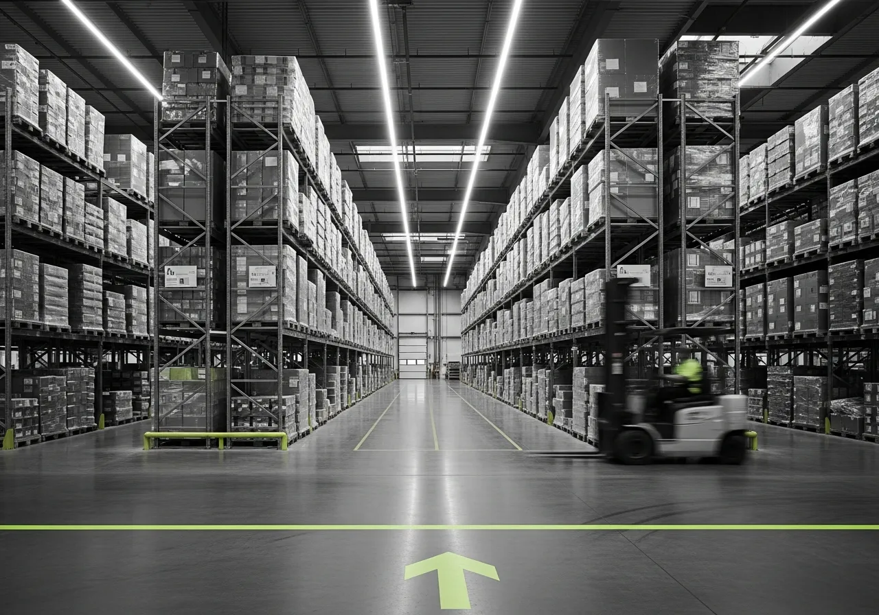 Interior of a modern distribution warehouse with neatly stacked palletized freight and a wide cross-dock aisle, graphite-toned with a lime accent light.
